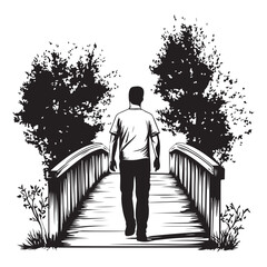 Silhouette of a man standing between two trees with a bench next to one tree