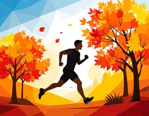 Vibrant Autumn Run: Man's Silhouette Enjoying a Scenic Jog Through a Forest with Colorful Foliage
