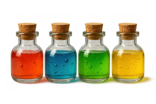 Colorful potion bottles with corks showcasing magic, alchemy, and fantasy liquids on a transparent background