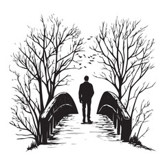 Silhouette of a man standing between two trees with a bench next to one tree