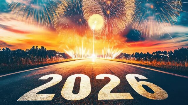 New Year celebration with fireworks over the road in 2026