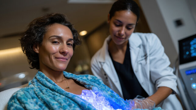 A woman enjoys a cold therapy session, relaxing under blue LED lights while a practitioner assists her, highlighting modern treatments for skin rejuvenation and comfort.