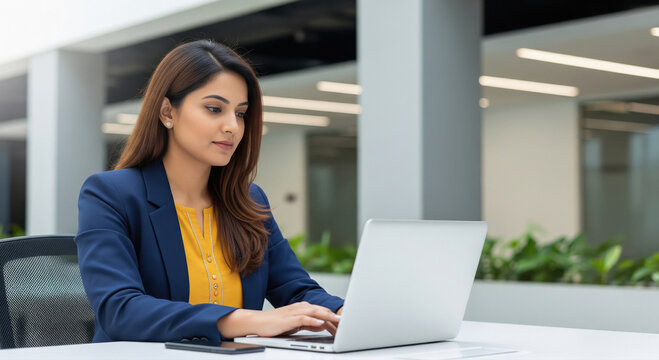 Indian Businesswoman Focused on Laptop in Modern Office Environment