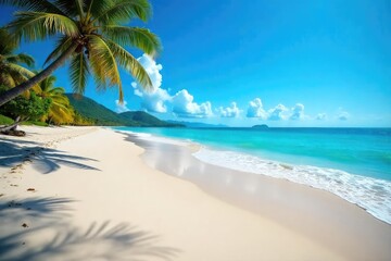 Obraz premium Endless horizon of pristine sandy beach, tranquil ocean waves gently lapping the shore under a clear blue sky Perfect for travel, vacation, and summer themes , calm, sand dune
