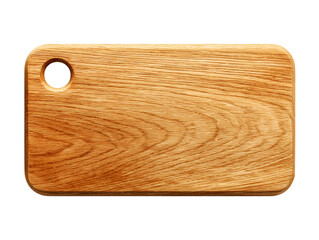 Rustic wooden cutting board with hanging hole isolated on black background