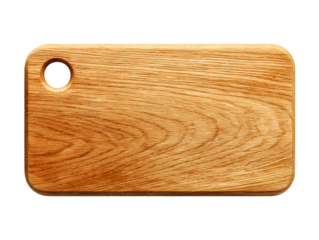 Rustic wooden cutting board with hanging hole isolated on black background