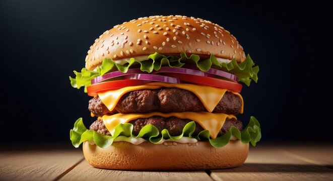 Juicy double beef patty hamburger with melted cheddar cheese and fresh toppings on a sesame seed bun
