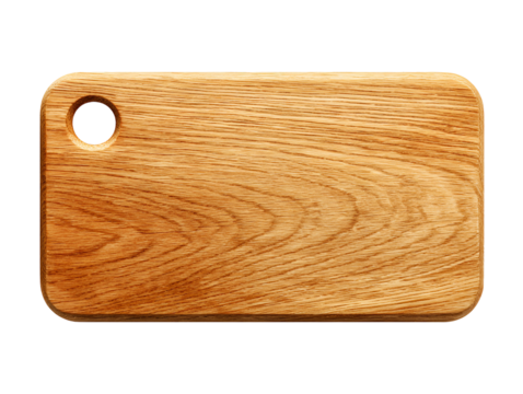 Rustic wooden cutting board with hanging hole isolated on black background