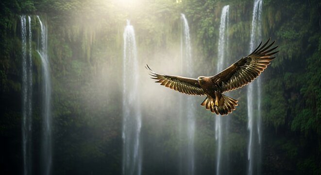Golden eagle flying in front of a beautiful waterfall - Powered by Adobe
