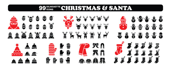Christmas silhouette icon set, Santa and winter holiday solid vector pack. 99 minimal black elements isolated on transparent background.