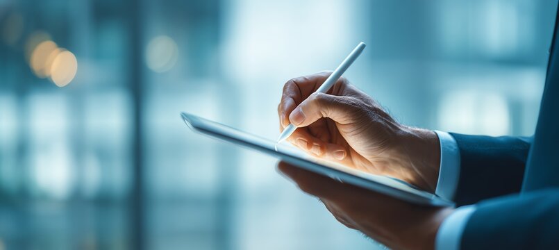 A professional individual using a digital tablet to take notes or sketch ideas in a modern office environment. The focus is on productivity and technology in the workplace.
