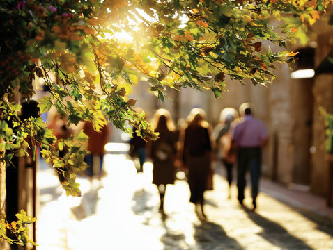 Golden Afternoon Walk in a European Street &ndash; Warm Sunlight and Autumn Leaves