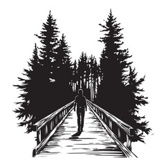 Silhouette of a man standing between two trees with a bench next to one tree