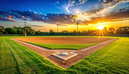 Beautifully maintained softball field on sunset scenery, featuring clean bases, smooth pitching mound, and lush infield grass, with wide open copy space