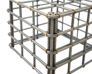 Steel reinforcement cage structure with a grid design, isolated on a transparent background. Ideal for construction and engineering concepts.