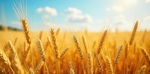 Fototapeta premium Golden wheat stalks sway gently in a summer breeze, ripe and ready for harvest A classic image of agricultural abundance and the beauty of nature's bounty , food, countryside view, grain field