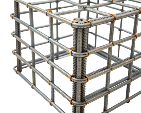Steel reinforcement cage structure with a grid design, isolated on a transparent background. Ideal for construction and engineering concepts.