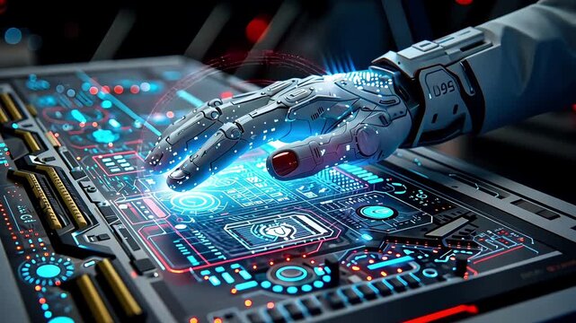 Robotic hand interacting with a futuristic interface displaying complex data and circuit patterns in a high tech environment showcasing innovation