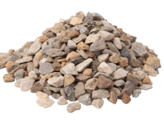 A pile of small, irregularly shaped gravel stones in various shades of gray, brown, and beige on a transparent background.