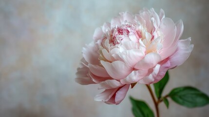 Fototapeta premium Delicate pink peony flower with soft petals and green leaves against a blurred pastel background, perfect for floral and nature-themed designs