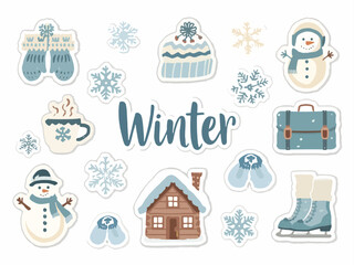 Winter holiday elements collection Snowmen, snowflakes, knitted hat, gloves, hot chocolate mug, wooden house, skates, and suitcase