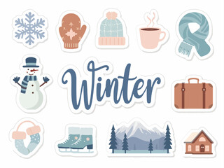 Winter season set of icons and illustrations including snowman, snowflakes, hats, scarfs, gloves, boots, suitcase, house, mug, and winter mountains