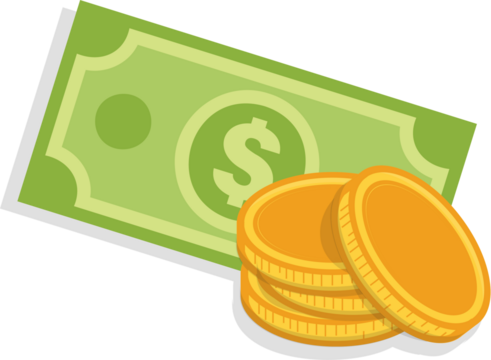 Isolated illustration of stacked green dollar bills and coins, symbolizing money, wealth, finance, economy, success, and financial growth concept.