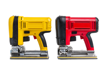 Two industrial pneumatic nail guns one yellow and one red on a black background