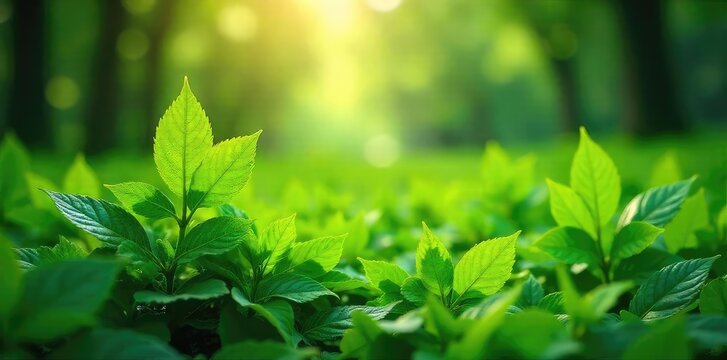 Fototapeta Lush green foliage thrives outdoors, sunlight dappling through leaves, creating a vibrant and textured scene Perfect for nature, botany, and environmental themes , plant life, summer