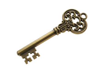 Ornate antique key PNG isolated on transparent background, vintage style golden key for design elements and historical themes