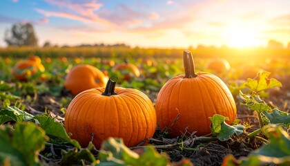 Pumpkins in a field at sunset, autumn harvest.