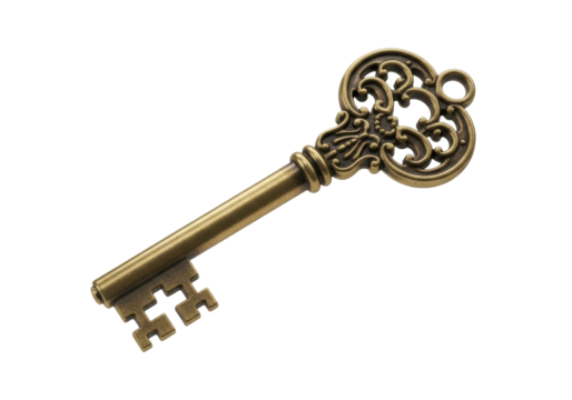 Ornate antique key PNG isolated on transparent background, vintage style golden key for design elements and historical themes