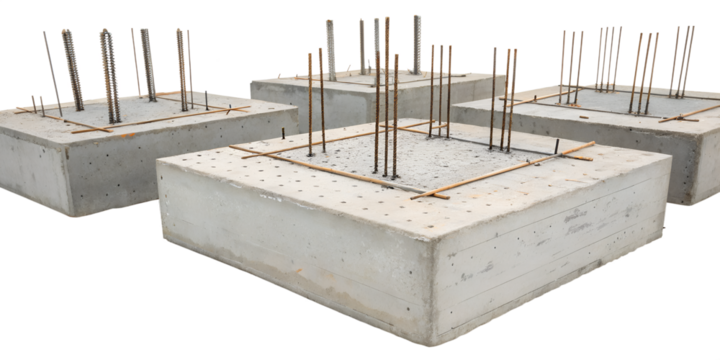 Concrete foundation blocks with protruding rebar, isolated on a transparent background. Ideal for construction and architectural design concepts. - Powered by Adobe