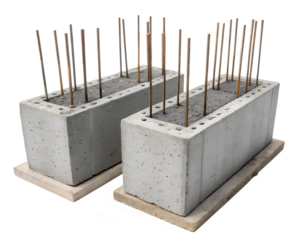 Two concrete blocks with protruding steel rods, placed on wooden bases. The blocks are isolated on a transparent background, suitable for construction themes.