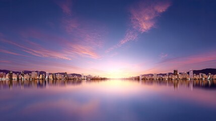 Fototapeta premium Serene Sunset Over Calm Water with Silhouetted City Skyline and Colorful Clouds Reflected in Tranquil Lake