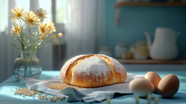 Artisanal round bread, egg, flour, grains