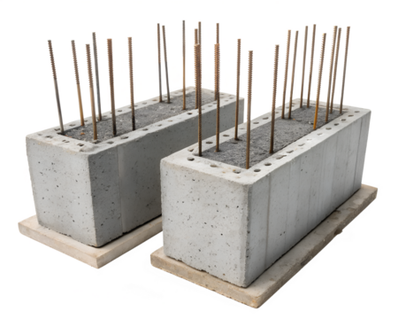 Two concrete blocks with protruding steel rods, placed on wooden bases. The blocks are isolated on a transparent background, suitable for construction themes.