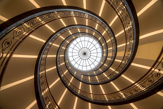 Spiral staircase with ornate railing and skylight