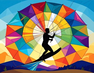 Dynamic Kitesurfer Silhouette Against a Vibrant Geometric Kite and Abstract Landscape Background