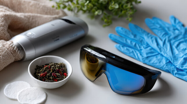 An arrangement of wellness items including laser device protective goggles, gloves, and herbal tea, perfect for a soothing and rejuvenating spa treatment experience in modern aesthetics.