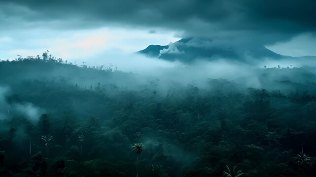 Aerial view of misty tropical rainforest under a dramatic sky with mountains in the distance.