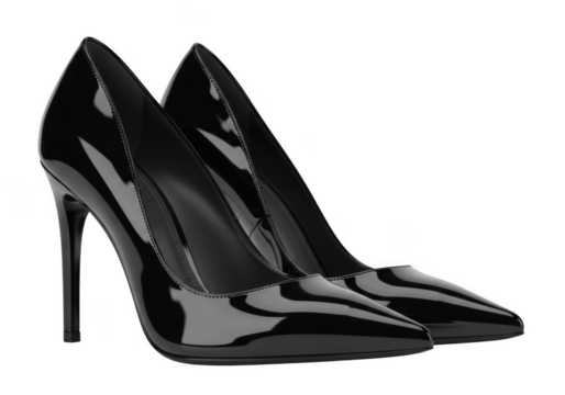 Elegant black patent leather stiletto high heel shoes with pointed toes isolated on transparent background - Powered by Adobe