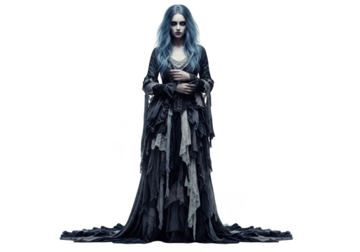Ethereal gothic bride figure with flowing tattered gown and pale complexion isolated on transparent background