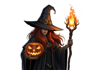 Mysterious halloween witch holding a glowing jack o lantern and a fiery torch isolated on transparent background