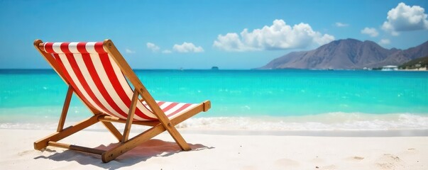 Relaxing striped deck chair on a sunny Canary Islands beach, overlooking turquoise ocean water  Perfect for vacation, travel, and summer themes , paradise, vacation