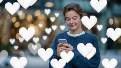 25Close-up of young woman smiling while holding smartphone, floating 3D heart and like icons glowing around her face, digital bokeh background symbolizing social engagement - Powered by Adobe
