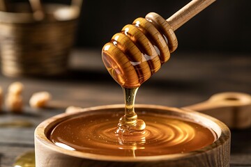 Honey dripping into wooden bowl