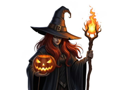 Mysterious halloween witch holding a glowing jack o lantern and a fiery torch isolated on transparent background