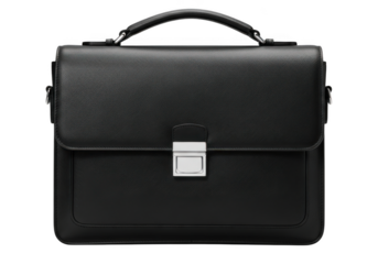 Elegant black textured leather briefcase with silver buckle and top handle isolated on transparent background