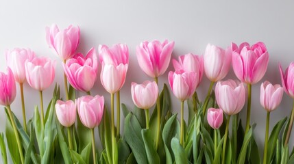 Fototapeta premium Beautiful Pink Tulips Blooming Against Soft Background in Delicate Arrangement for Spring and Floral Themes, Perfect for Home Decor or Greeting Cards